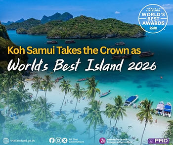 Aerial tropical beach of Koh Samui with boats and palms, overlaid text: Koh Samui Takes the Crown as World’s Best Island 2026.