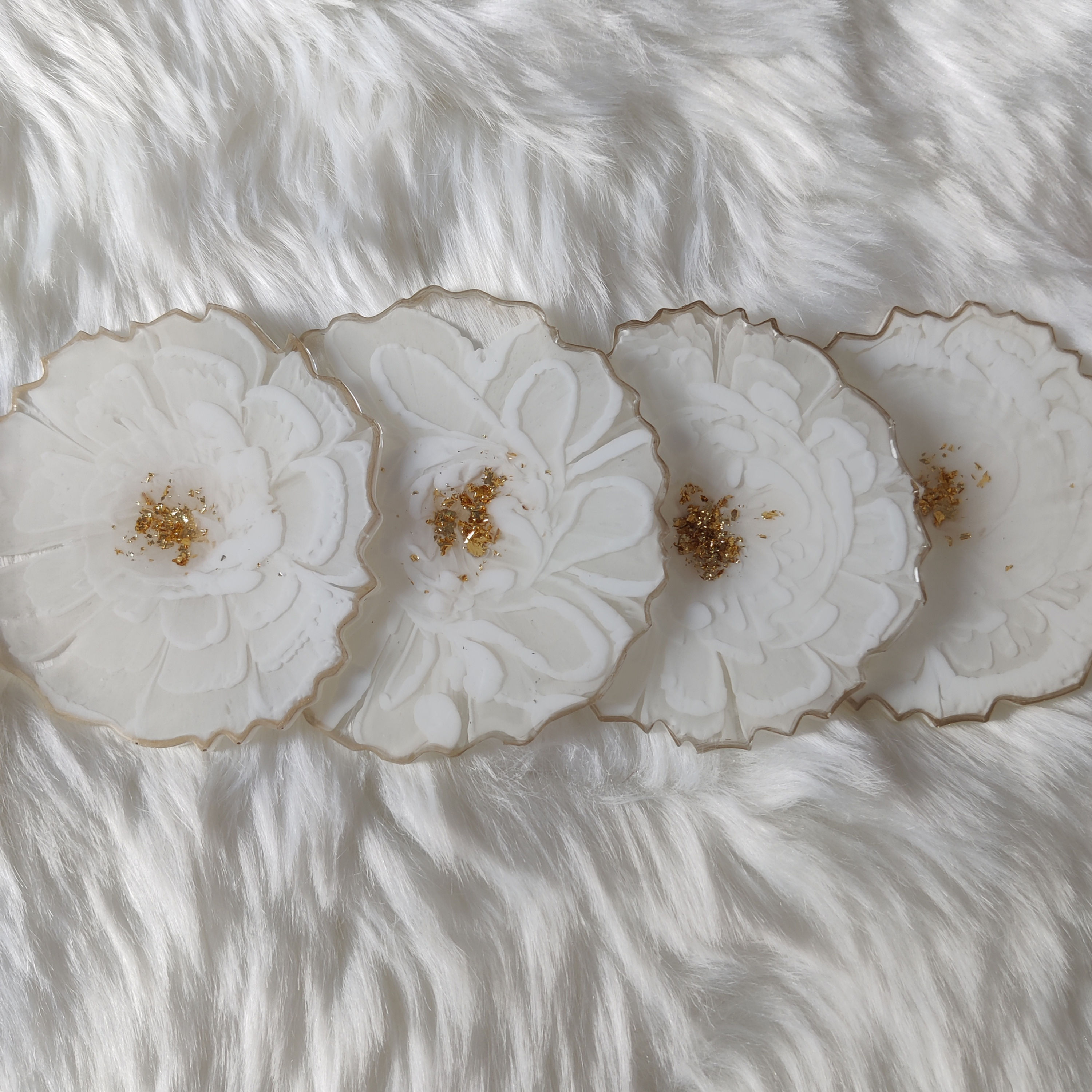 White Flower Pattern Coasters with Gold Trimming