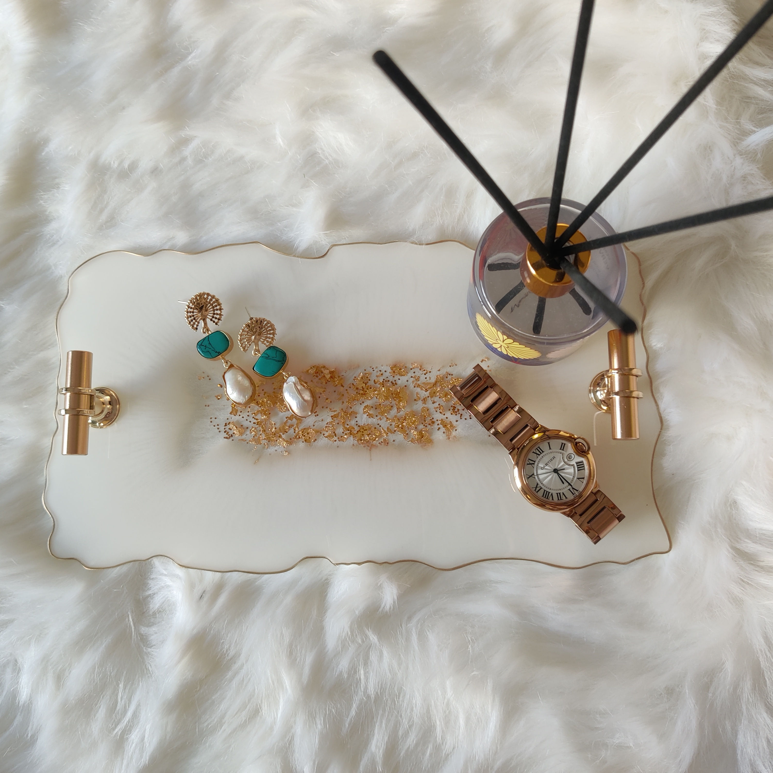 White Tray with Gold Flakes and Gold Trimming