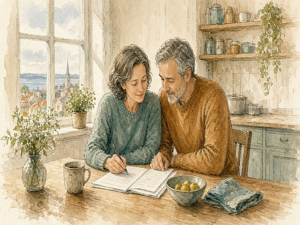 Illustration: par med papirer om ratepension og begunstigelse