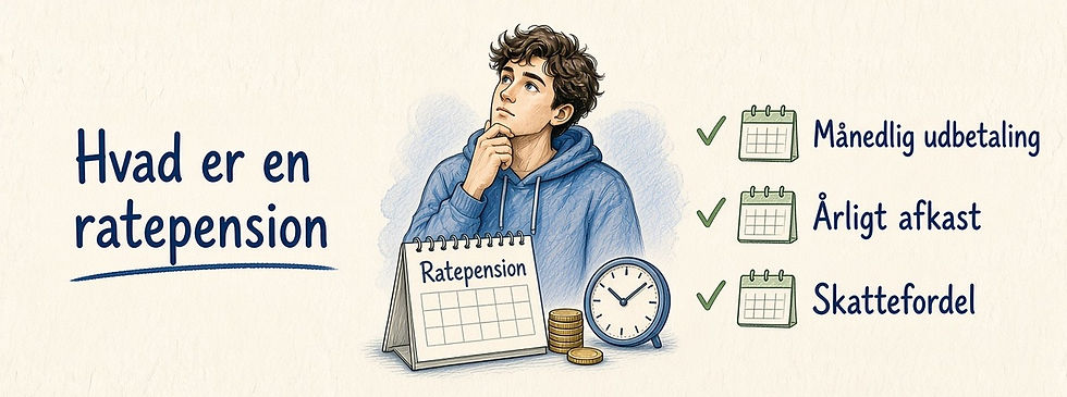 Handtegnet pastel-banner om ratepension og overblik over din opsparing