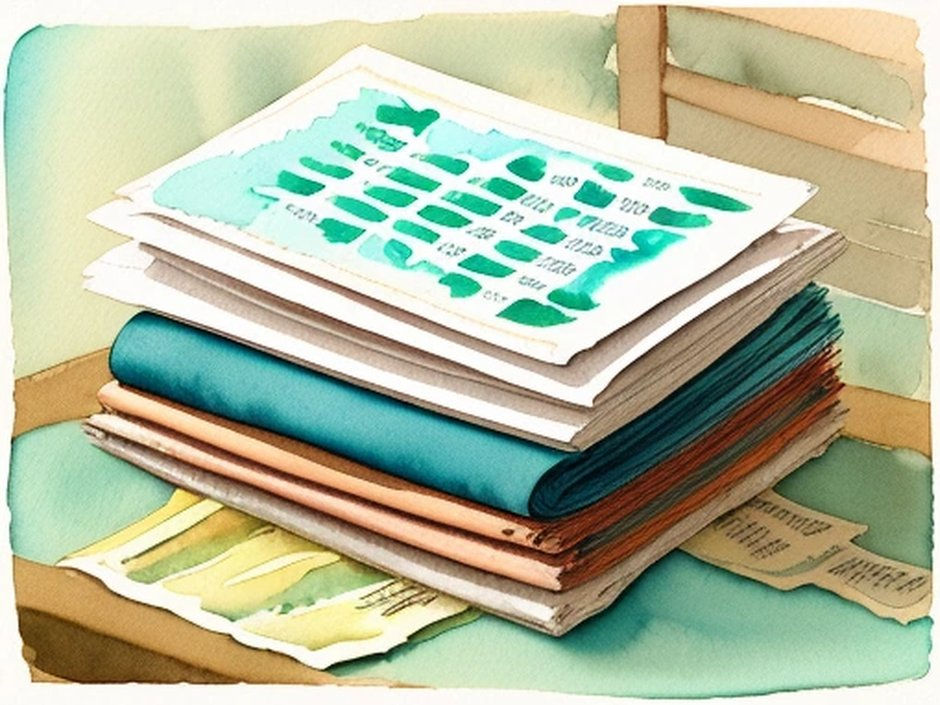 Watercolor: person samler pensionsdepot-mapper. Tekst: Samle pension.