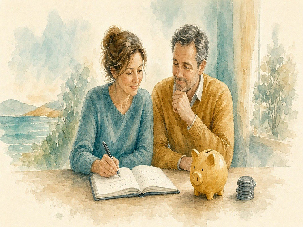 Håndtegnet watercolor-illustration af ægtepar midt i livet der planlægger pensionsopsparing