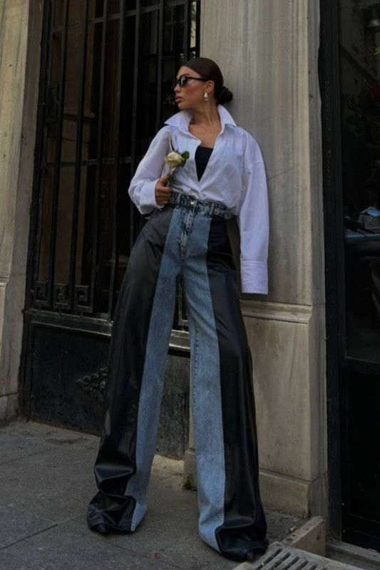 Thumbnail: Atresi Black Leather Denim Pants 