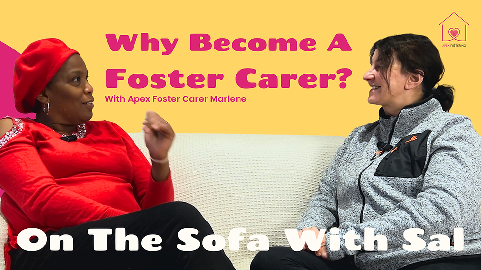 Two people talking on the couch, with yellow background and pink text that says 'Why Become A Foster Carer, with Apex Foster Carer Marlene".