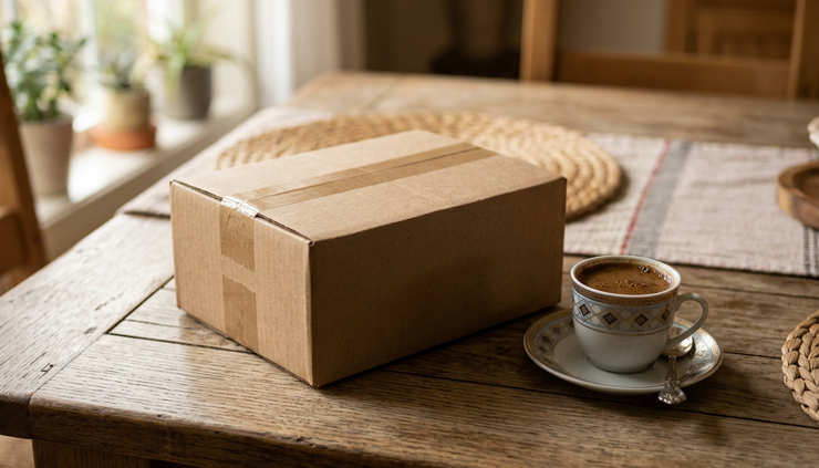 Eye-level view of a sealed box of dates beside a cup of Arabic coffee