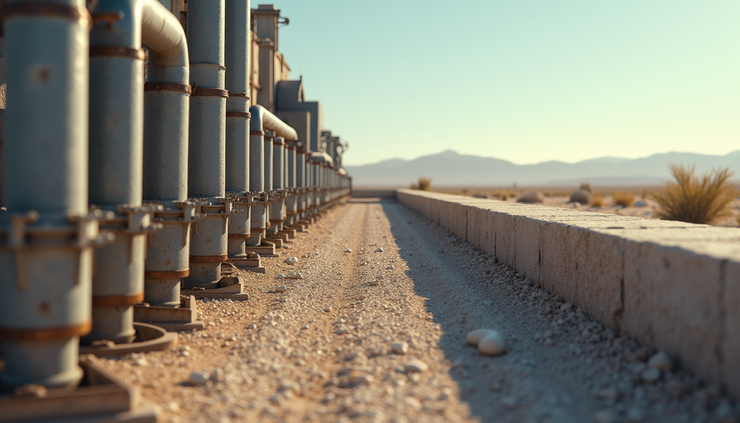 Eye-level view of industrial cooling system with heat exchangers and pipes
