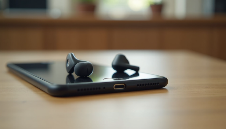 Eye-level view of a modern smartphone with wireless earbuds on a wooden table