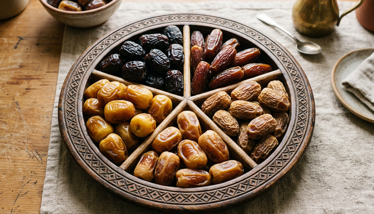 Overhead view of several date varieties arranged on a tray