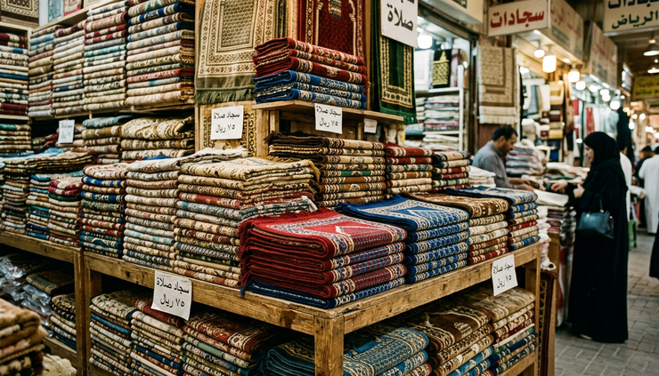 Wide-angle view of prayer mats displayed in a Riyadh market aisle.