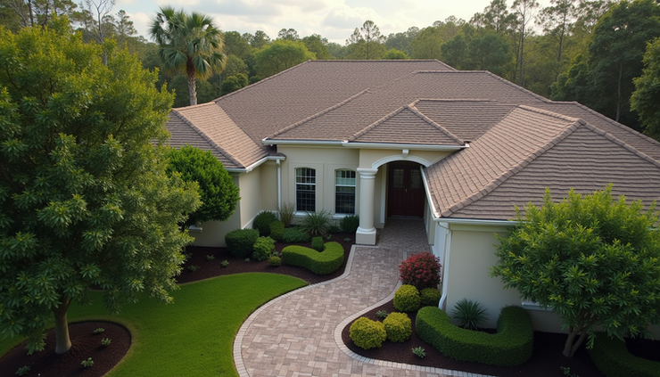High angle view of a Florida home roof with cleared gutters and trimmed trees