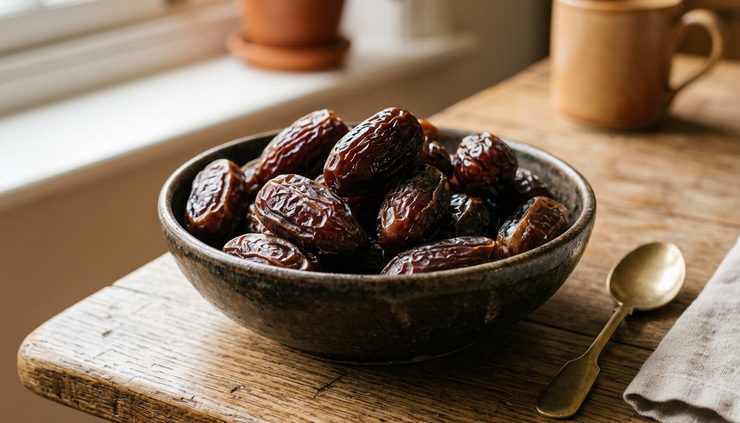 Close-up view of glossy Madinah dates in a small bowl