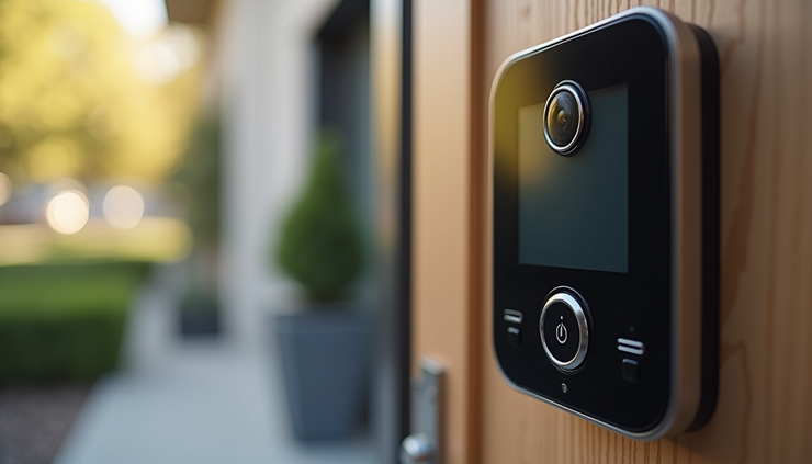 Eye-level view of a modern video door phone installed at a residential entrance