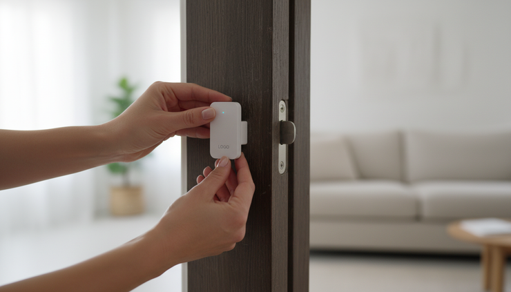 Top-down view of hands aligning a smart door sensor on a wooden door frame.