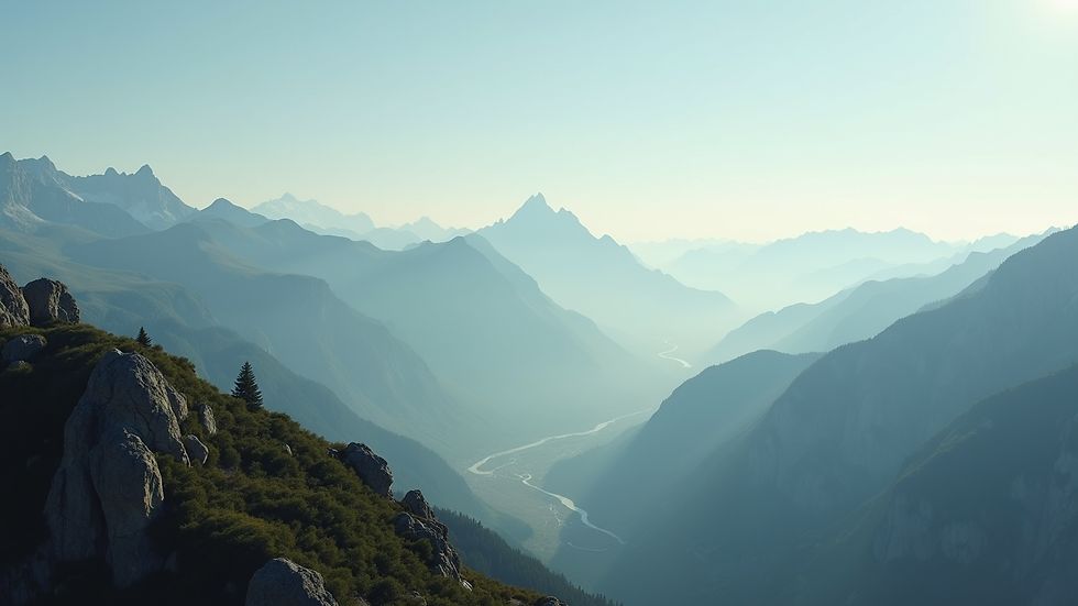 Wide angle view of a serene mountain landscape