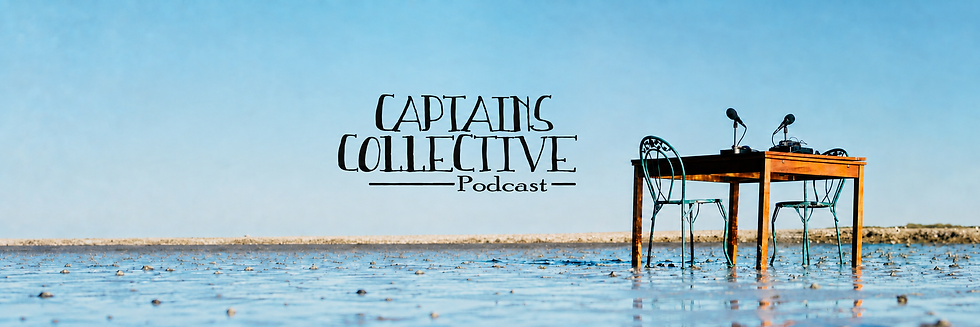 Wide Captains Collective podcast banner v3 with logo on the left and a wooden table with microphones and chairs on a shallow flat under a blue sky, landscape format.