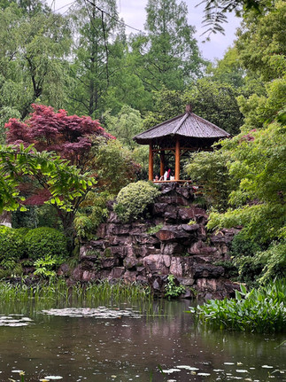 A serene garden with a pond, lush greenery, and a gazebo. People are sitting inside, surrounded by vibrant foliage and calm water.