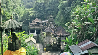 Hidden jungle temple complex with stone shrines and tiled roofs amid dense green foliage, peaceful and secluded.