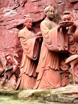Ornate red cliff carvings