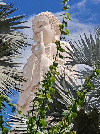 A close-up view of the 24 metre tall statue of Amitabha Buddha