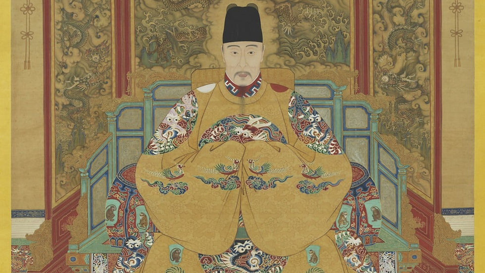 A regal figure in ornate yellow robes sits on a blue throne with intricate dragon motifs. The background is richly decorated with patterns.