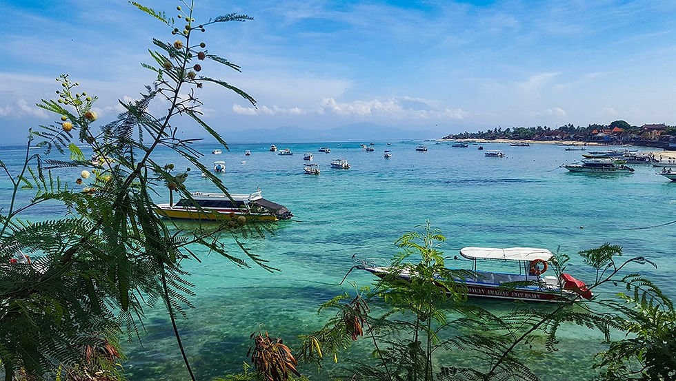 Turquoise bay with many small boats under blue sky, framed by leafy plants in foreground; Mount Agung Volcano covered by clouds in the far distance