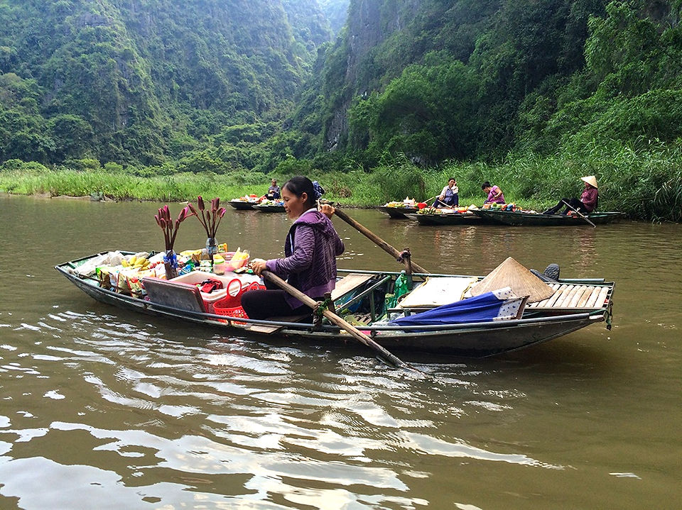 Vietnamese woman rows a sampan boat filled with fresh produce along the green waters of Tam Cốc