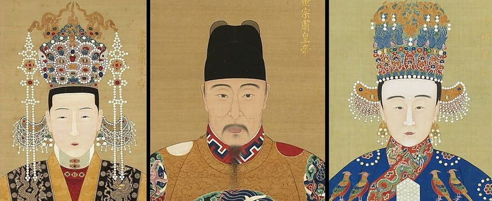 Three figures in ornate traditional attire. Two wear elaborate crowns with jewels, alongside a man in a patterned robe. Beige background.