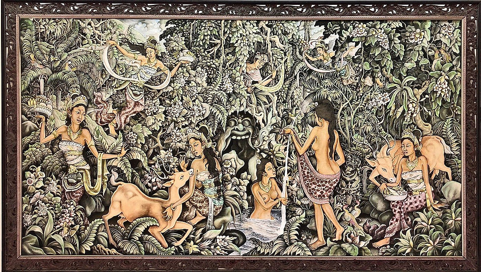 Balinese-style mural of women offering bowls and tending deer in a lush jungle, framed in carved wood, with dense floral foliage.