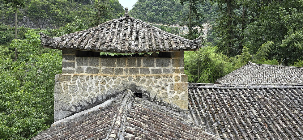 Stone rampart with a tiled roof amidst lush green trees. The intricate roof contrasts with the dense forest in the background.