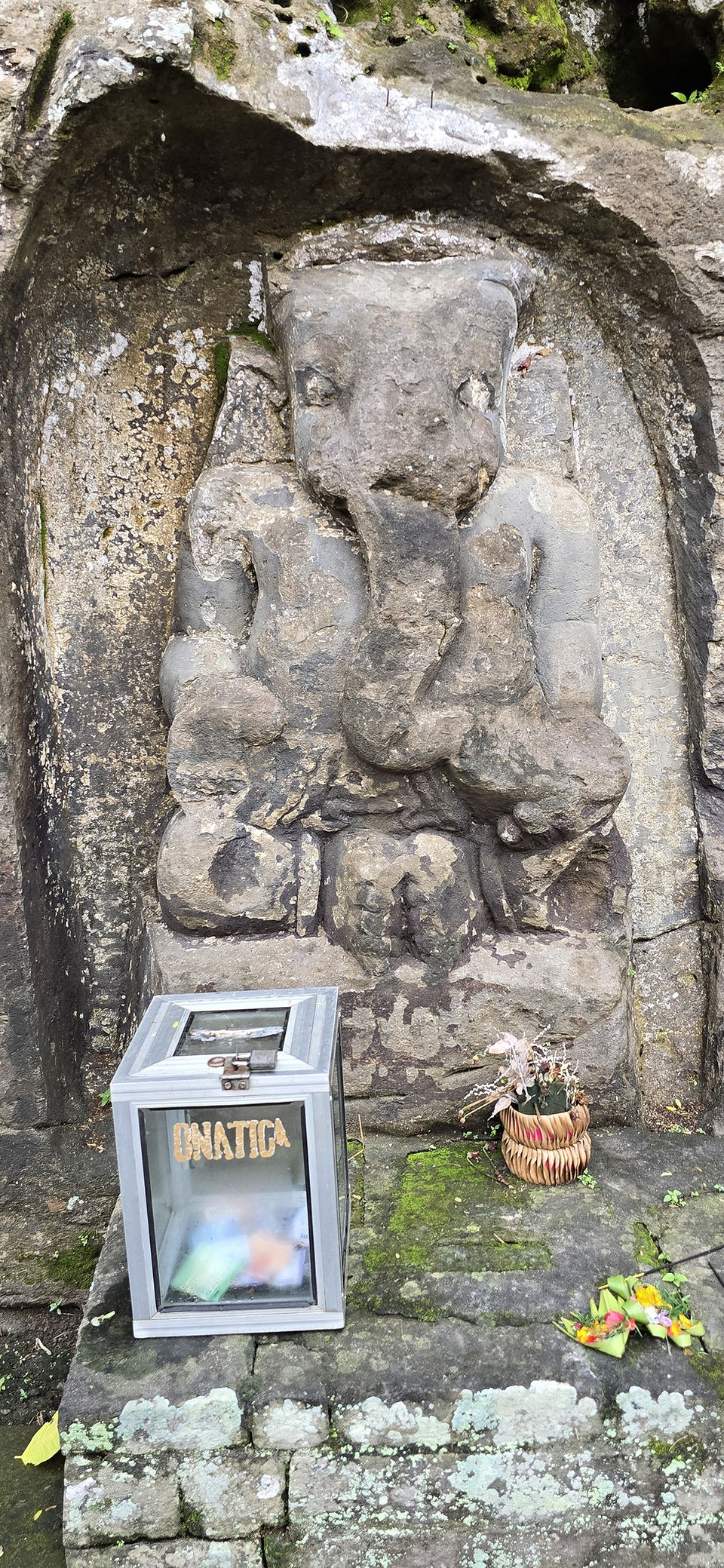 Mossy stone elephant relief shrine with a donation box labeled ONATICA and flower offerings at the base.