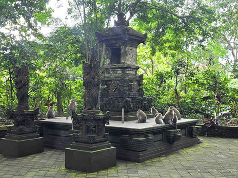 Stone shrine with detailed carvings surrounded by monkeys in a lush, green forest setting. Sunlight filters through the trees.