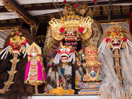 Full Barong costume laid out, showing fur-covered body and ornate headpiece
