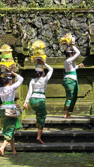 Three women in traditional attire carry ornate baskets on their heads, walking up stone steps. Green moss covers the stone wall behind them.