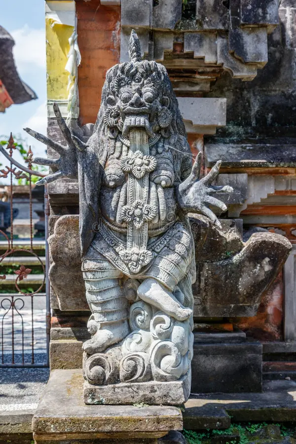 Haunting leyak statue with sharp claws and demonic expression, guarding an ancient sanctuary