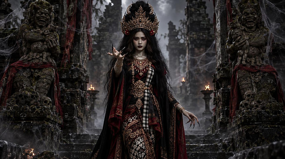 Javanese Queen in a gold headdress and red-black batik robes poses in a misty temple, flanked by skull statues and torchlight.
