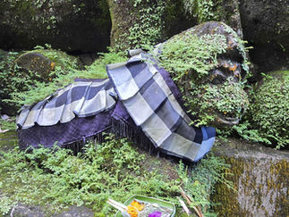 Rock statue covered in moss, draped in checkered cloth, set against a mossy background. Offerings of flowers and leaves at the base.