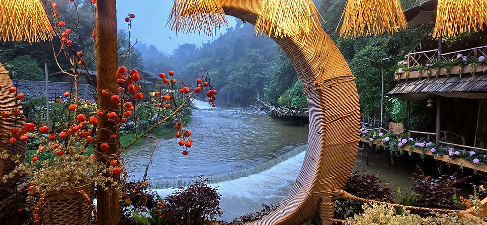 Rustic riverside setting with vibrant red berries, wicker arches, and warm lights. Waterfall flows in the background amid lush greenery.