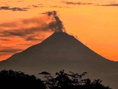 Volcano at sunset, emitting smoke against an orange sky. Silhouette of trees in the foreground creates a dramatic, serene scene.