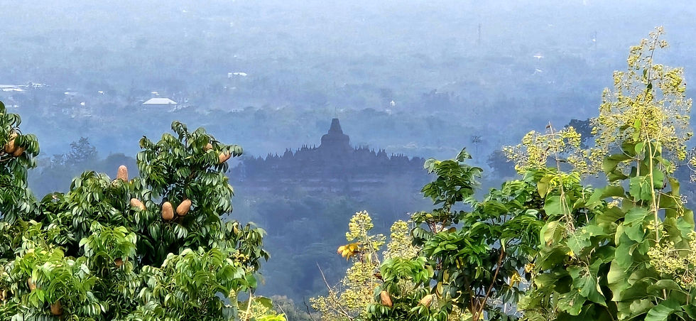 Lush green trees frame a distant silhouette of Borobudur Temple under a misty sky, creating a serene and tranquil landscape scene.