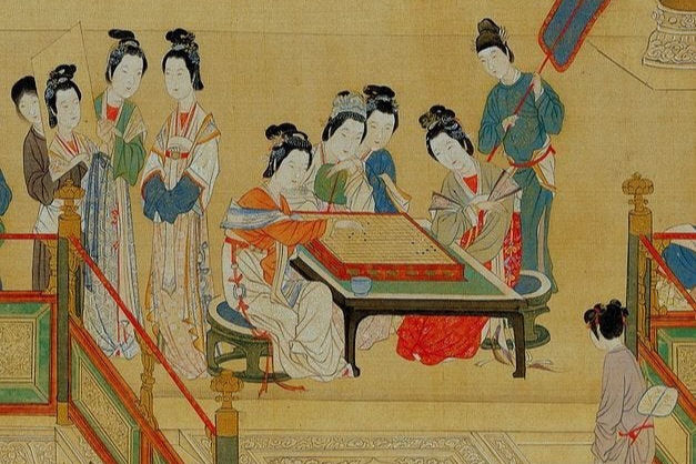 Ancient painting of women playing a board game indoors. Richly dressed, calm setting, intricate patterns on clothing and furniture.