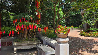 A vibrant courtyard with a tree draped in red tags, surrounded by lush greenery and potted plants. A large red sign partially visible.