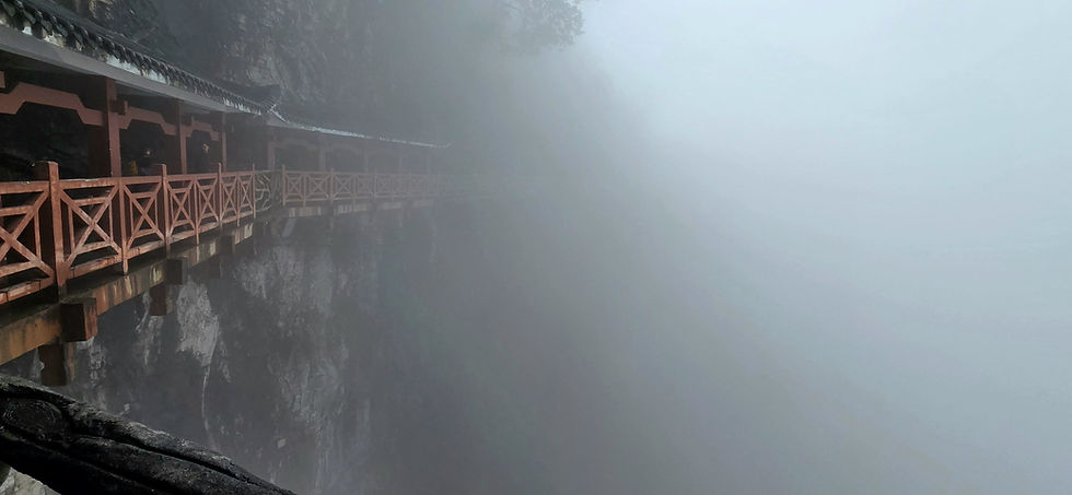Foggy mountain path with a wooden railing, fading into fog. Overcast mood, gray tones dominate the setting.