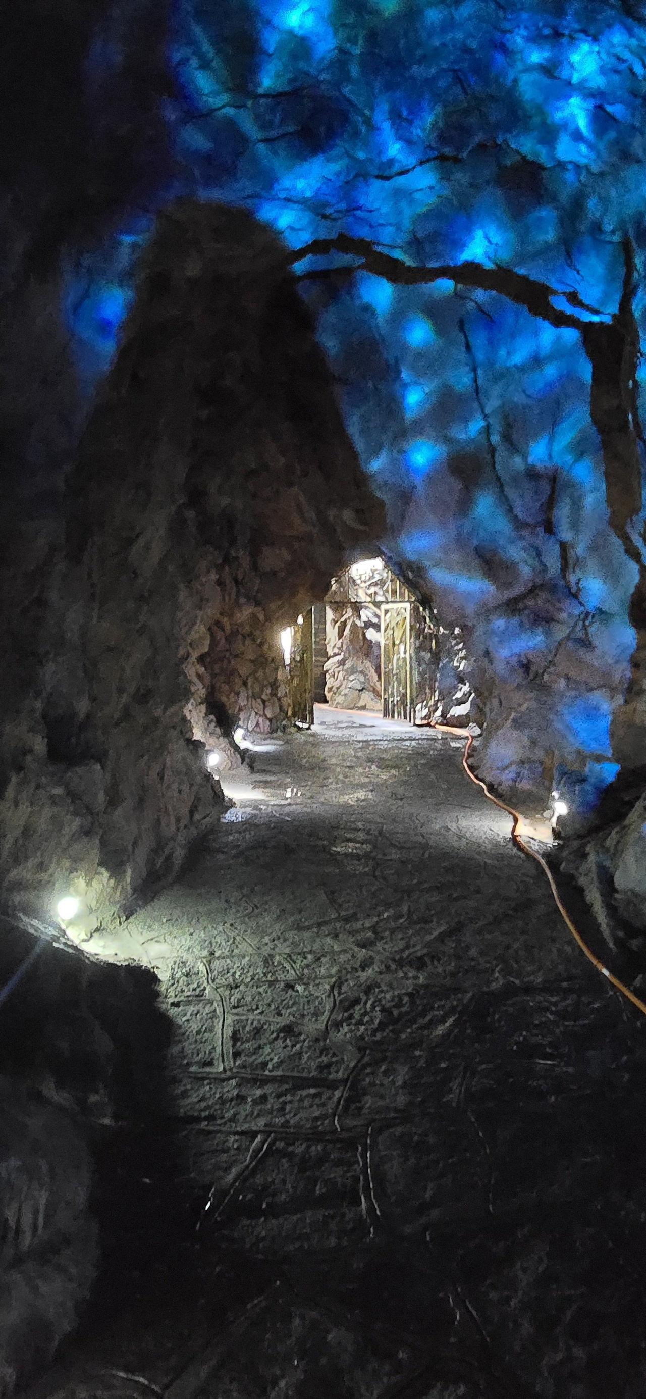 Rocky cave tunnel with blue and purple lighting, leading to an illuminated doorway. Pathway lit by small ground lights, creating a mystical ambiance.