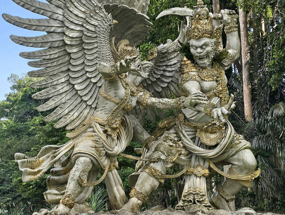 Two ornate stone guardian statues with wings and gold details clash in a tropical garden under a blue sky.