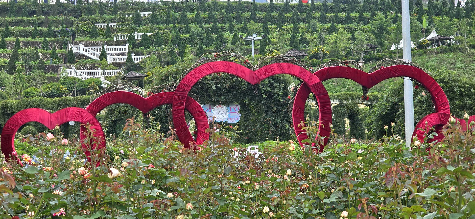 Red heart arches in a lush garden with flowers and greenery, set against a hillside with terraced stairs and a white sign.
