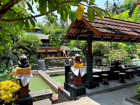 Outdoor view of "Holy Hot Spring" sign, two statues with yellow cloths, a green pool, lush plants, and a person soaking. Peaceful ambiance.