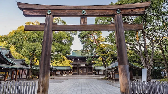 Meiji Shrine’s wooden torii gate leading to sacred timber buildings with green roofs beyond