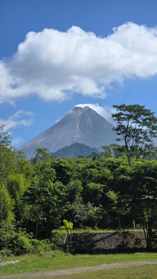 Mount Merapi with smoke atop, lush green forest in foreground. Vibrant blue sky with scattered clouds. Serene, natural setting.