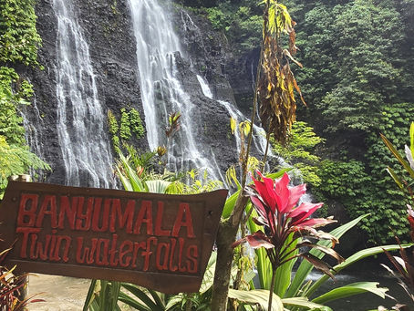 Banyumala Twin Waterfalls sign in front of a lush green waterfall and tropical plants in a misty forest.